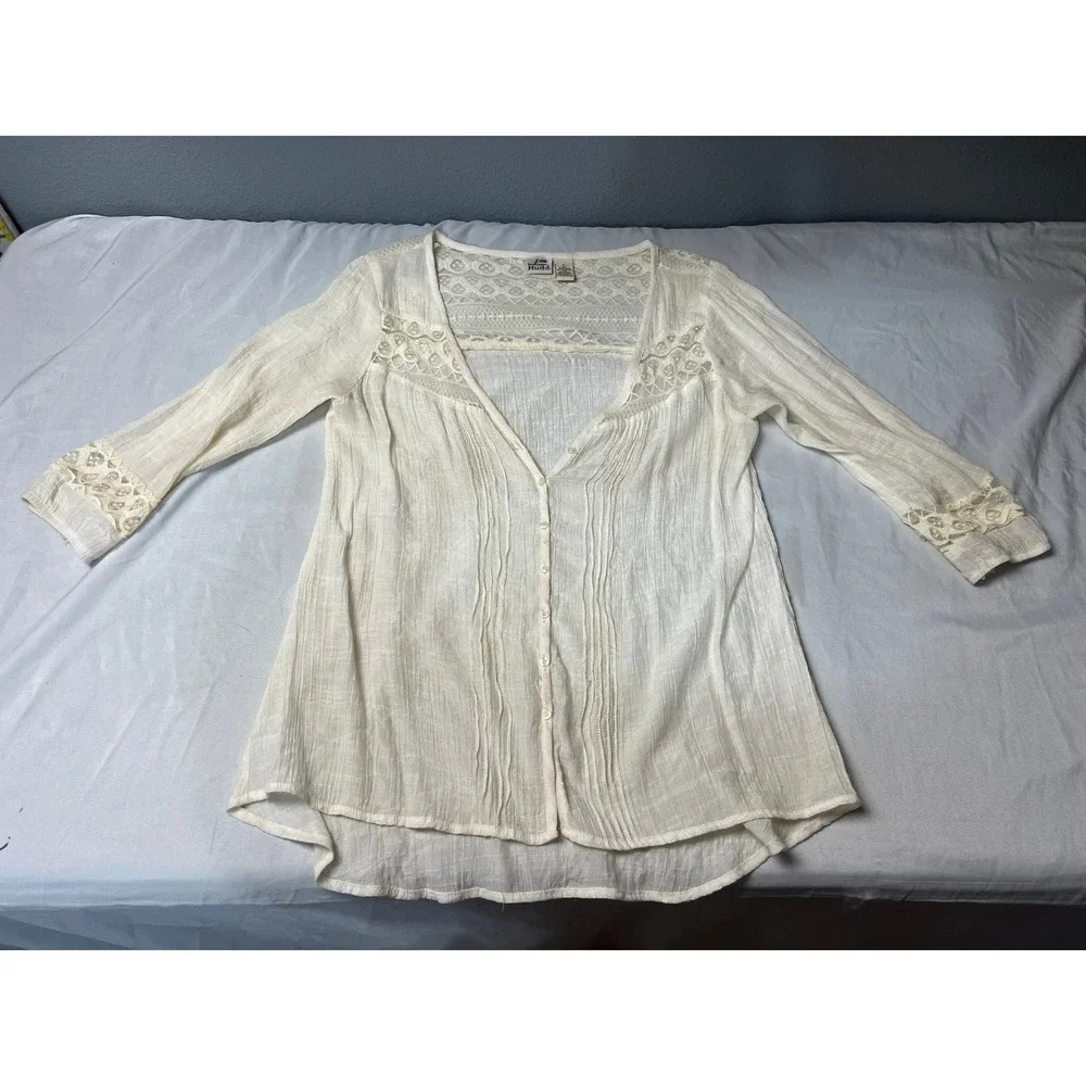 Mudd Lg Ivory Crochet Lace Peasant Cottagecore Blouse 3/4 Sleeve Button Front
